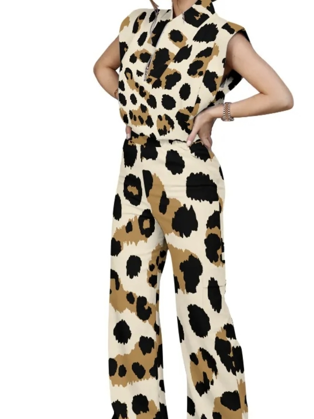 Leopard Print Wide-Leg Jumpsuit - Cream & Brown